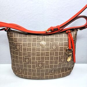 Anne Klein Stylish Brown Patterned Crossbody Bag w/ Red/Orange‎ Strap. P167